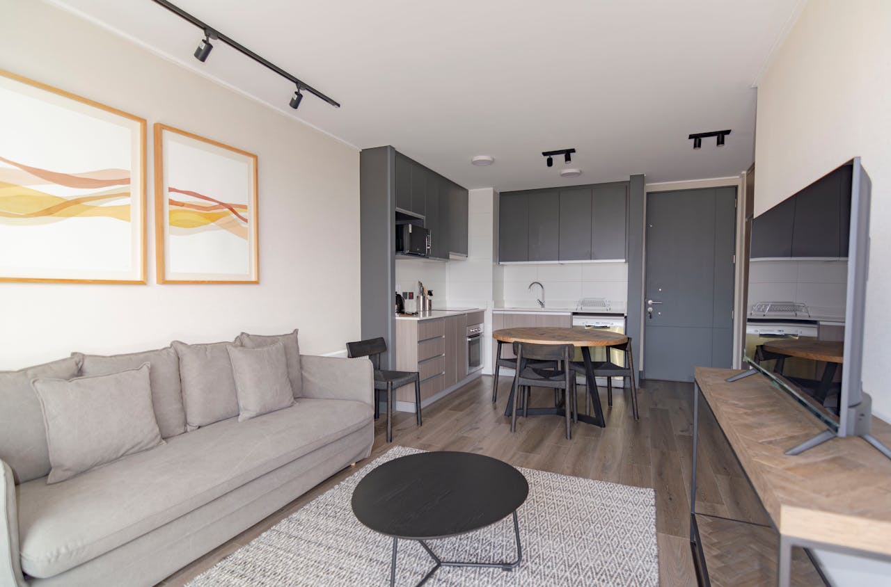 Elegant modern living space with grey couch, minimalist decor, and open kitchenette.